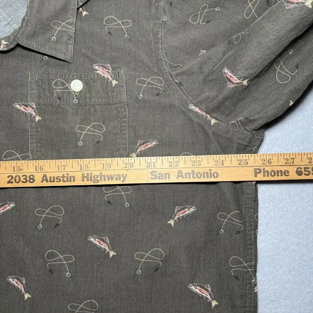 Daniel Cremieux Fishing Print Corduroy Button Up Shirt Size XL Brown Outdoors